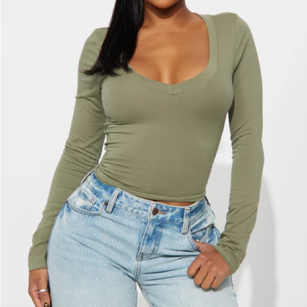 Long Sleeve V Neck Top - Olive Green